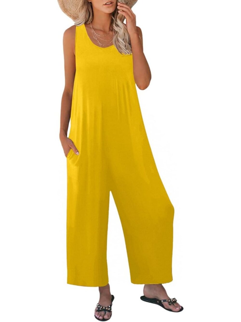 Women's Yellow Casual Loose Tank Sleeveless Crewneck Long Pant Romper